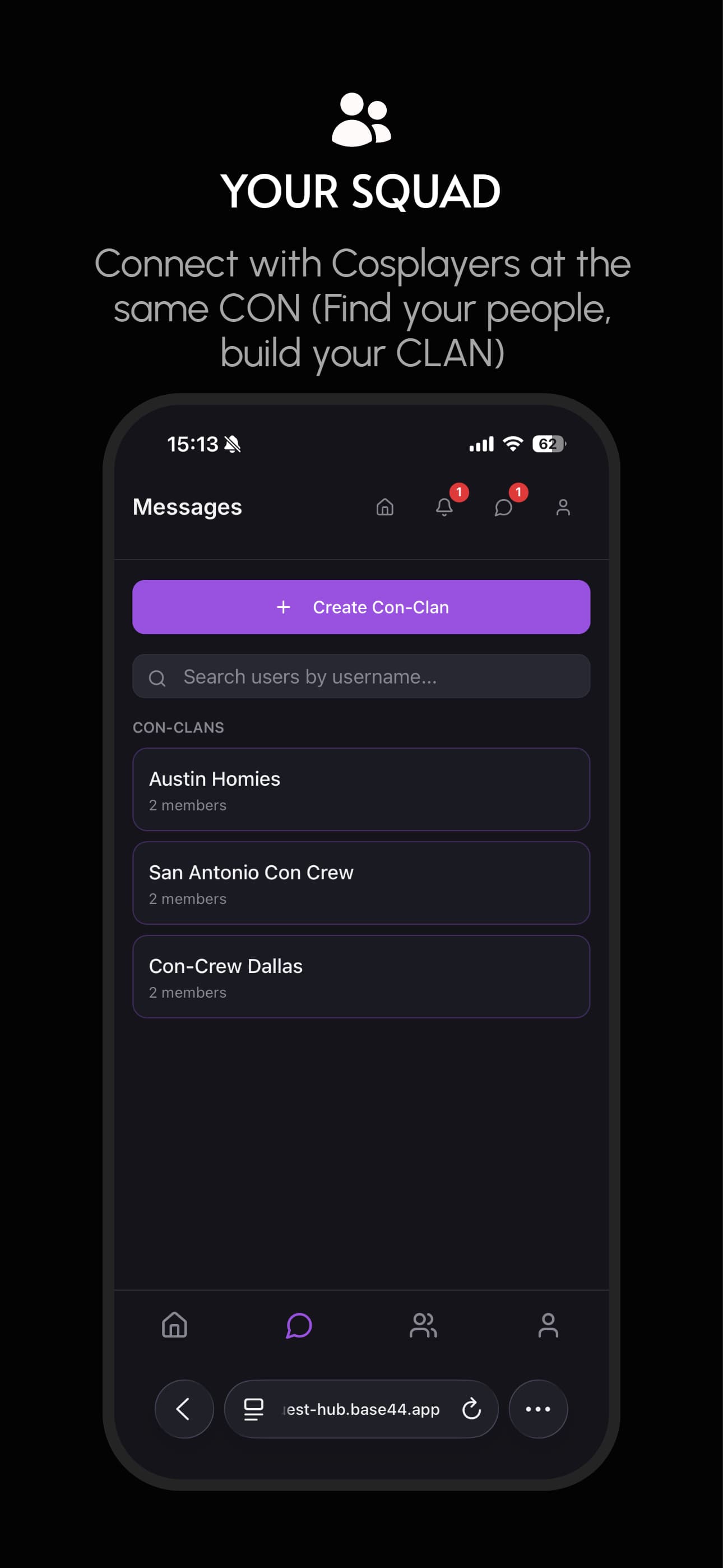 CON Quest messages and ConClan group chat screen